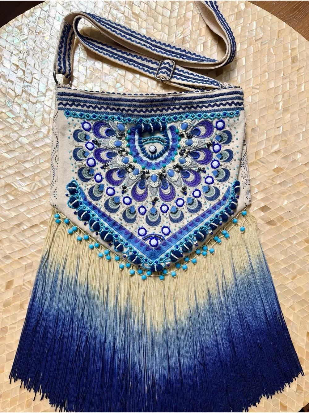 Embroidered Fringe Crossbody Bag in Blue and Cream